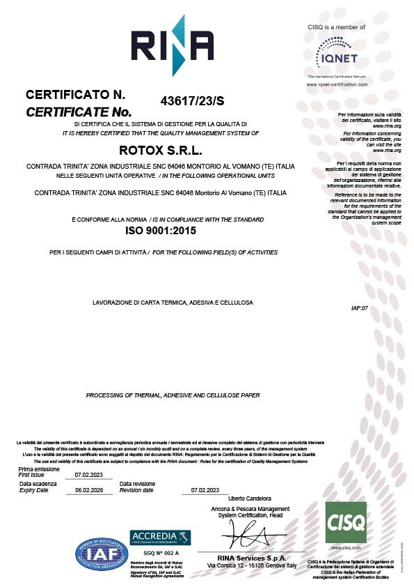 CERTIFICATO ISO 9001 ROTOX